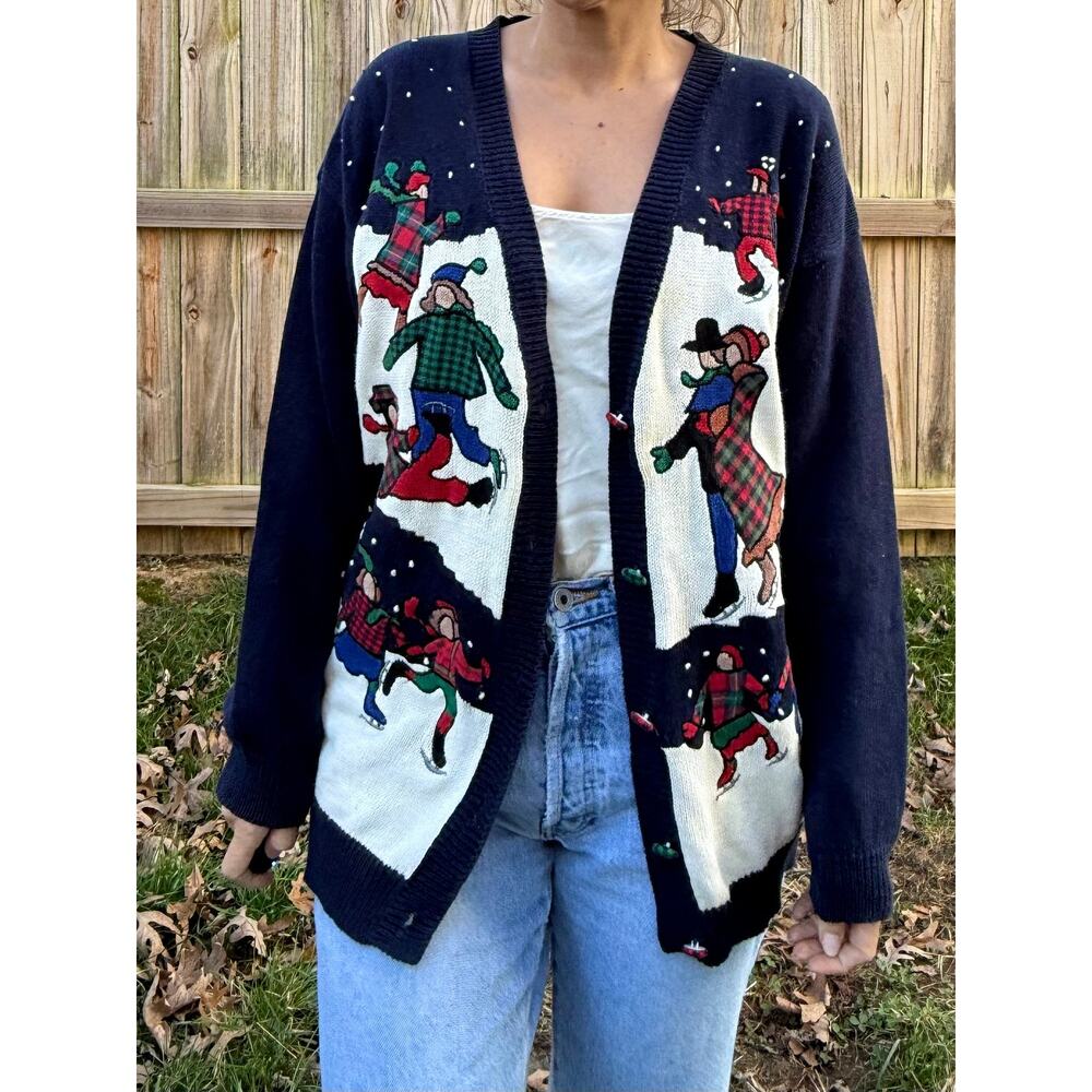 1992 Susan Bristol Embroidered Cardigan Holiday Ice Skating - Picture 6 of 9